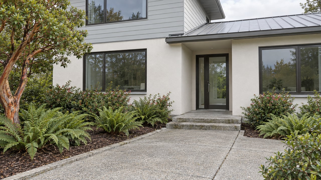 Renovated contemporary home with pale siding, white stucco, bronze-framed windows and a concrete approach edged by sculptural strawberry tree and sword ferns.