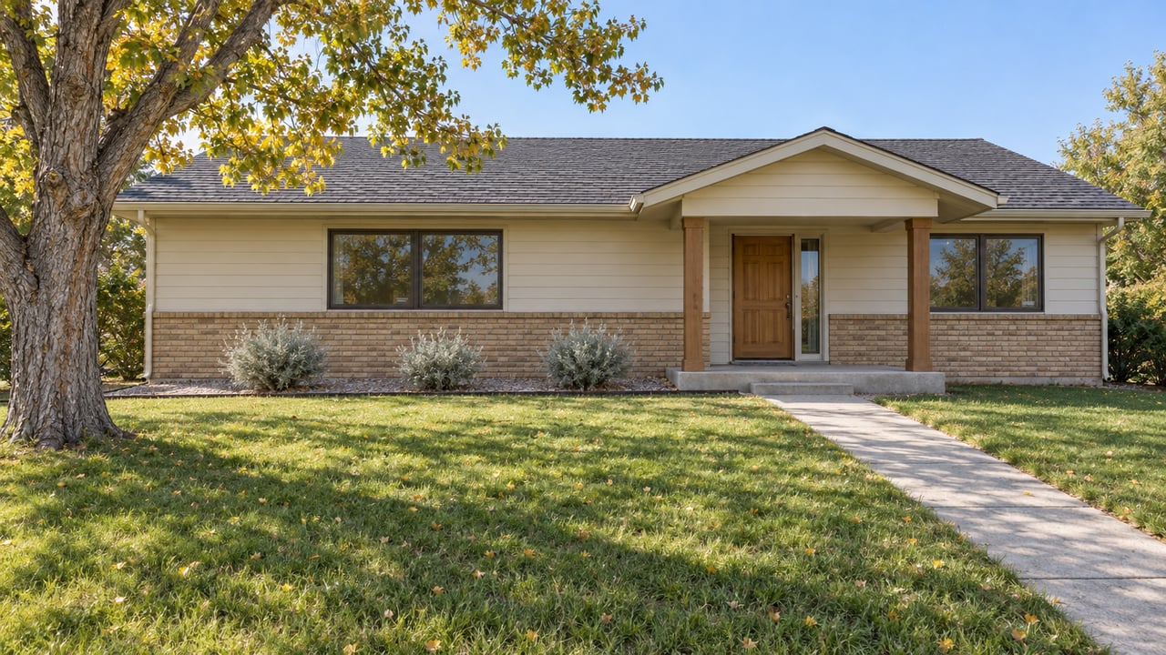 Single-story cream-sided ranch with buff brick, a covered timber entry, deep front lawn and a mature tree turning yellow.