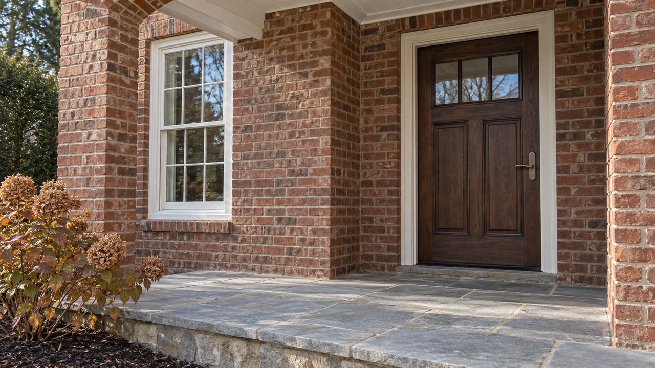 Brick home entry with an oak door, white sash window, blue-gray stone landing and copper-colored oakleaf hydrangea.