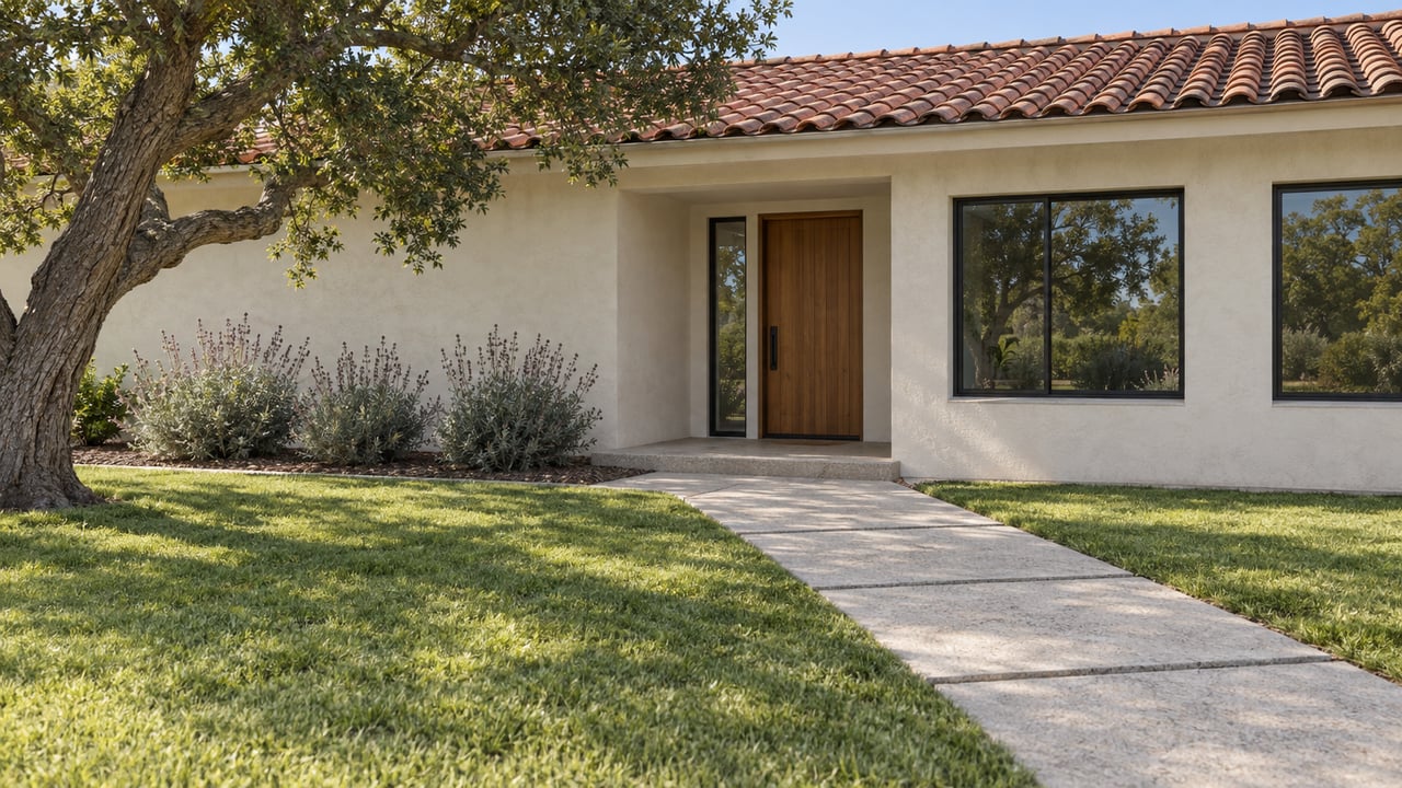 Updated ivory stucco home with a clay tile roof, cedar front door, broad lawn and mature oak beside a concrete approach.