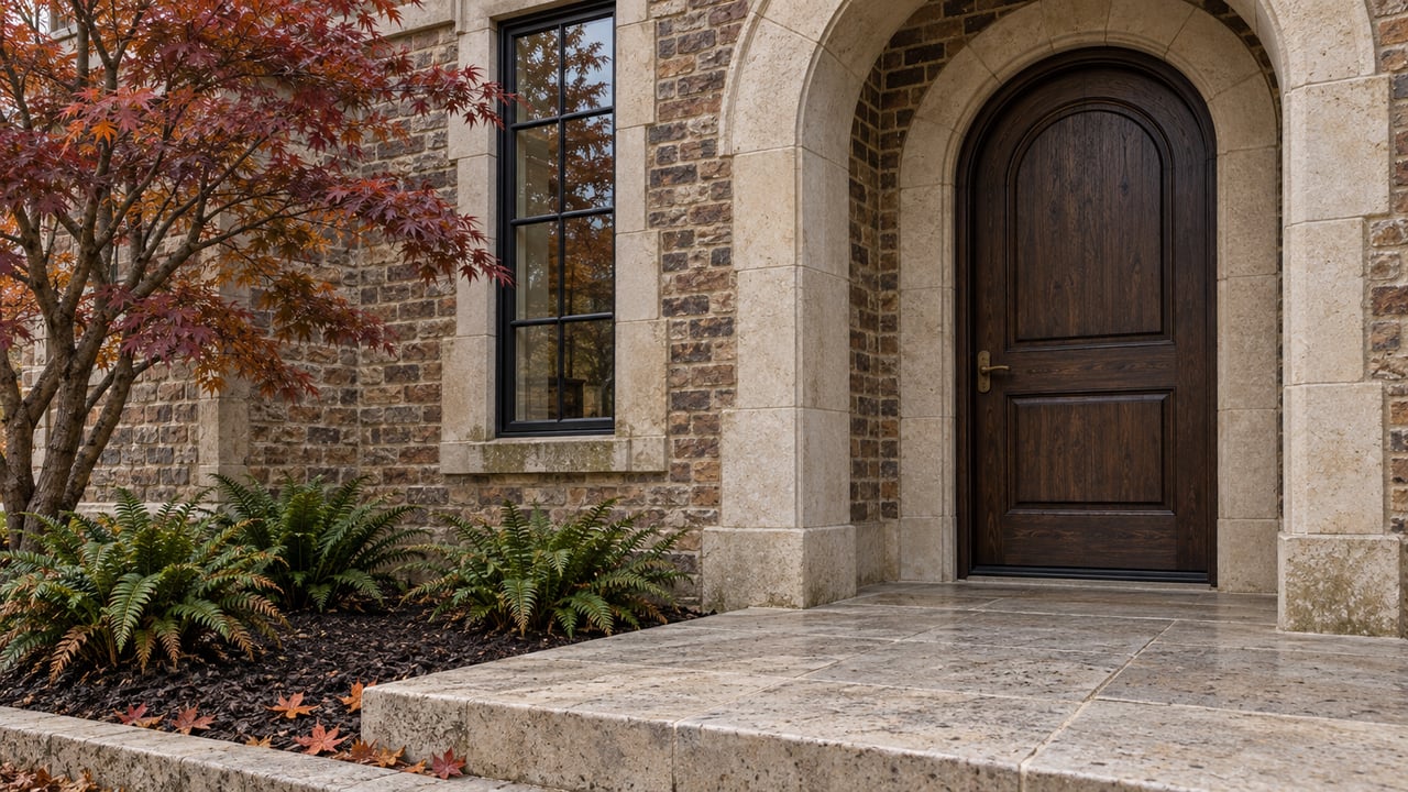 An arched oak entrance set in brick and limestone, beside a burgundy maple and a raised stone landing scattered with autumn leaves.