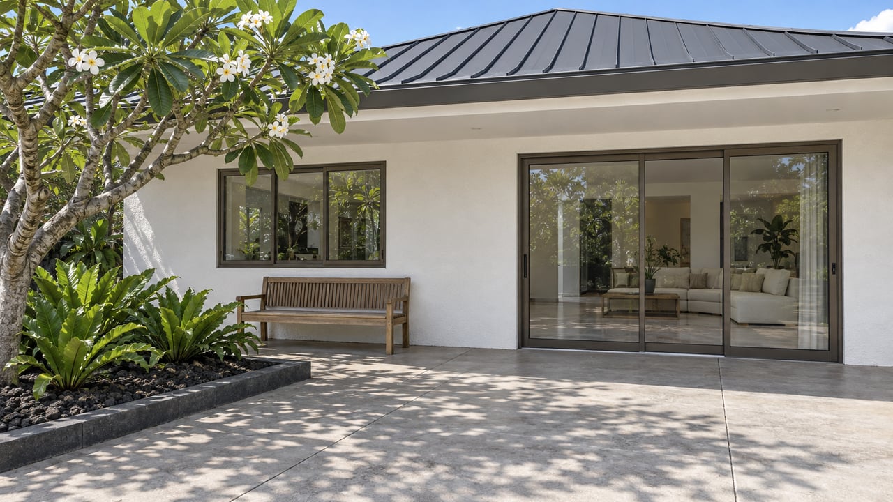 Sunlit pale-stucco home with a covered patio, bronze-framed glazing, teak bench and white-flowering plumeria beside a basalt-edged planting bed.