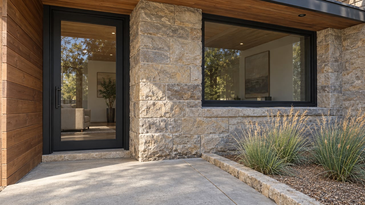 Recessed glazed home entrance with cedar siding, a textured sandstone pier and three tawny grass clumps beside a concrete landing.