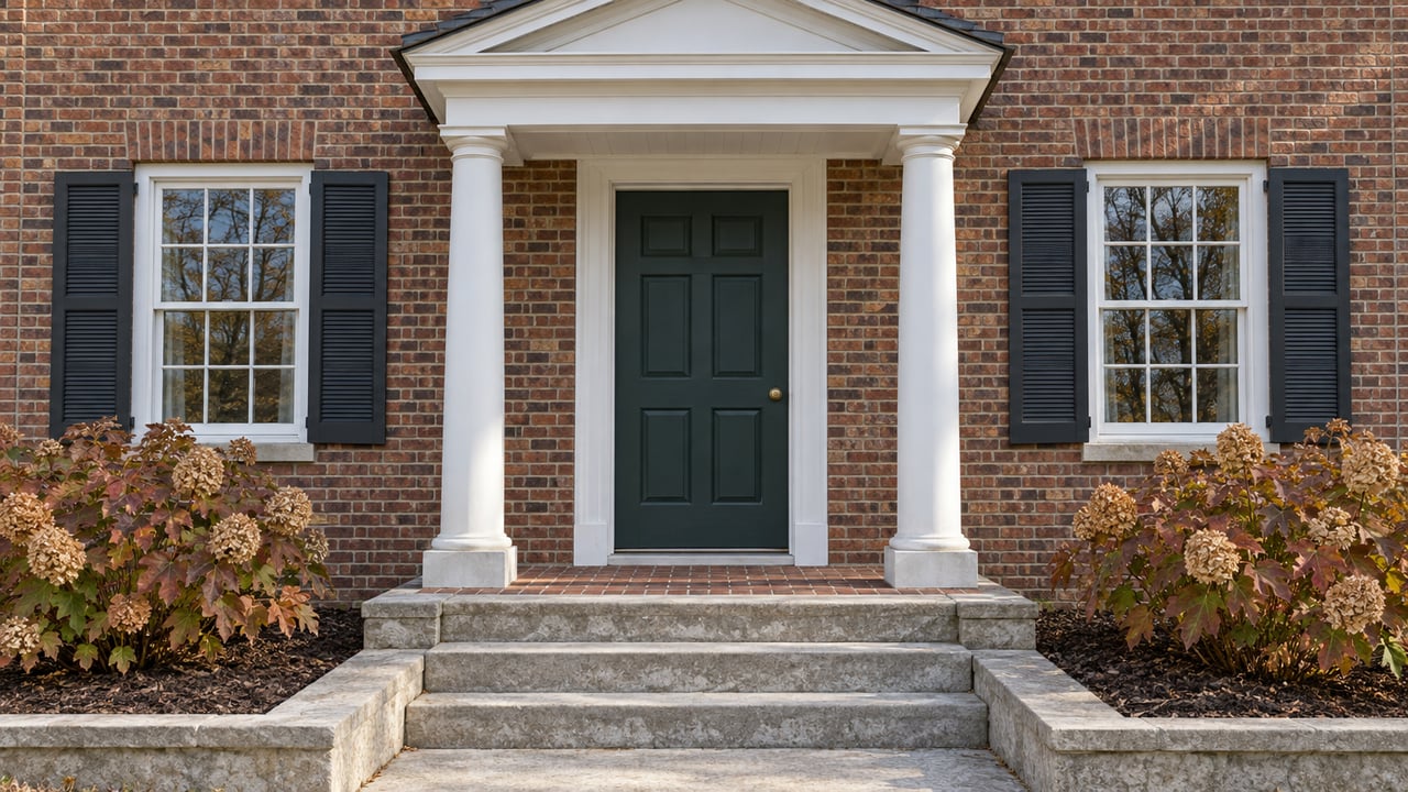 Red-brown brick home with a white columned entry, dark green door, paired shuttered windows and limestone steps beside autumn oakleaf hydrangeas.
