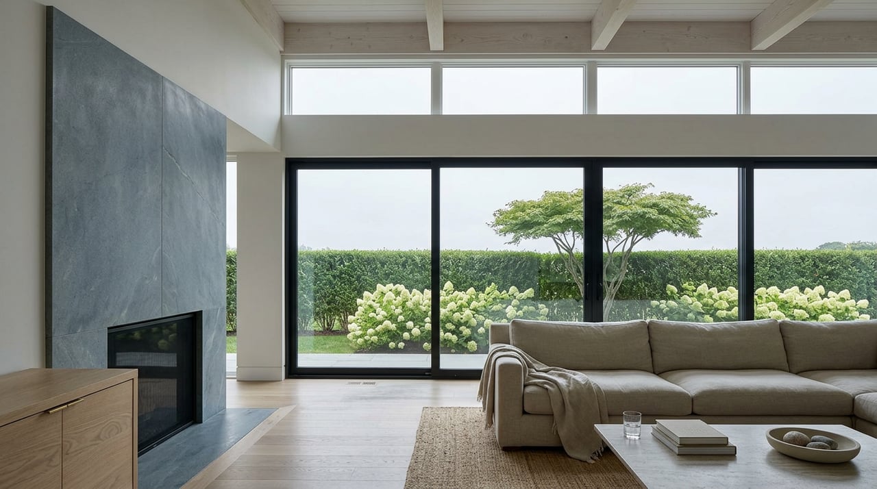 Double-height great room with a bluestone fireplace, linen sofa, and glass doors opening onto a hedged garden.