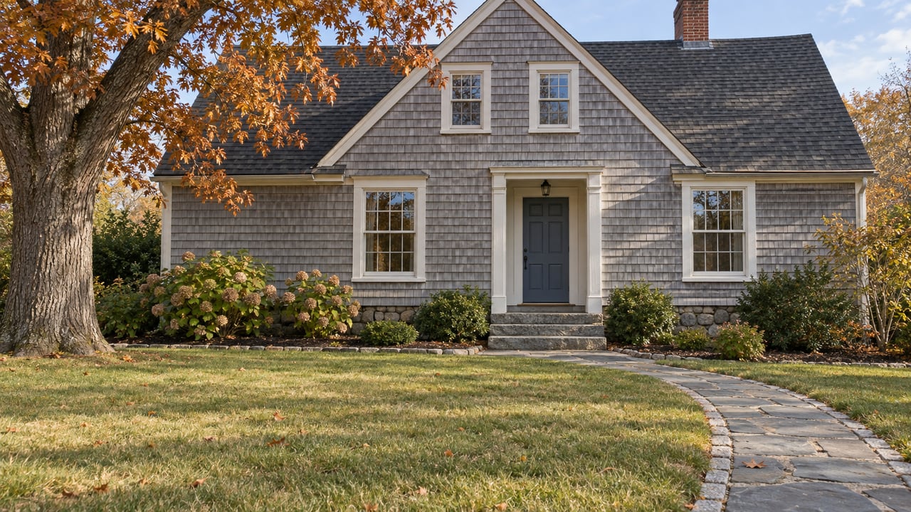 Weathered cedar-shingled home with white sash windows, granite entry steps, and an autumn lawn beneath a mature oak.