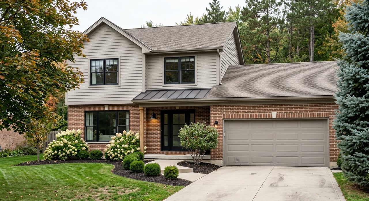 Suburban brick-and-gray house with a central porch, black-framed window, garage, curved walk, and young landscaping.