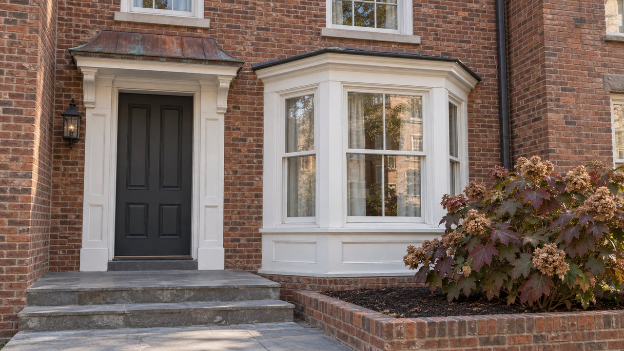Brick townhouse entry with a charcoal door, copper hood, white bay window, worn bluestone steps, and an oakleaf hydrangea.