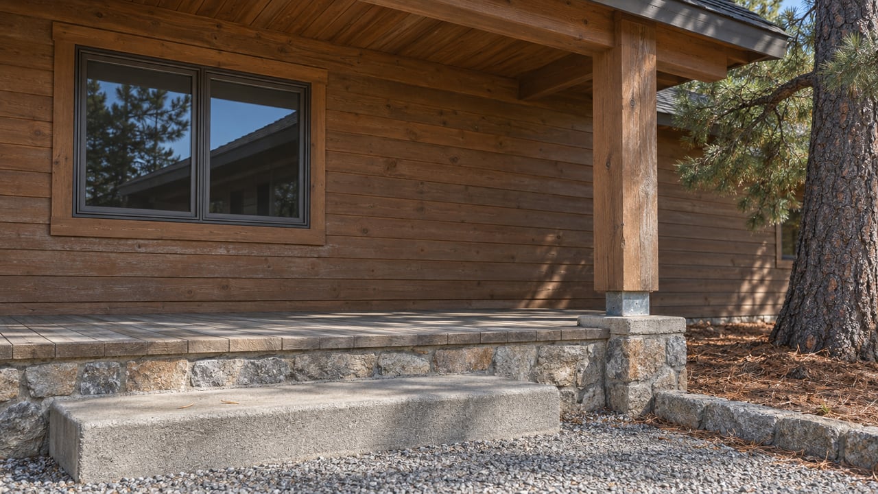 Close view of a timber-supported porch with brown wood siding, a closed window, granite foundation and a worn concrete step beside a pine.