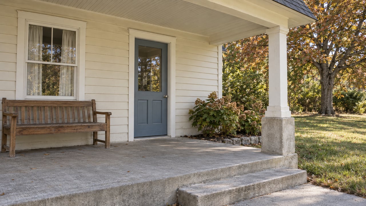 An ivory clapboard home's shaded porch with a blue-gray entry door, worn wooden bench and concrete steps beside an autumn lawn.