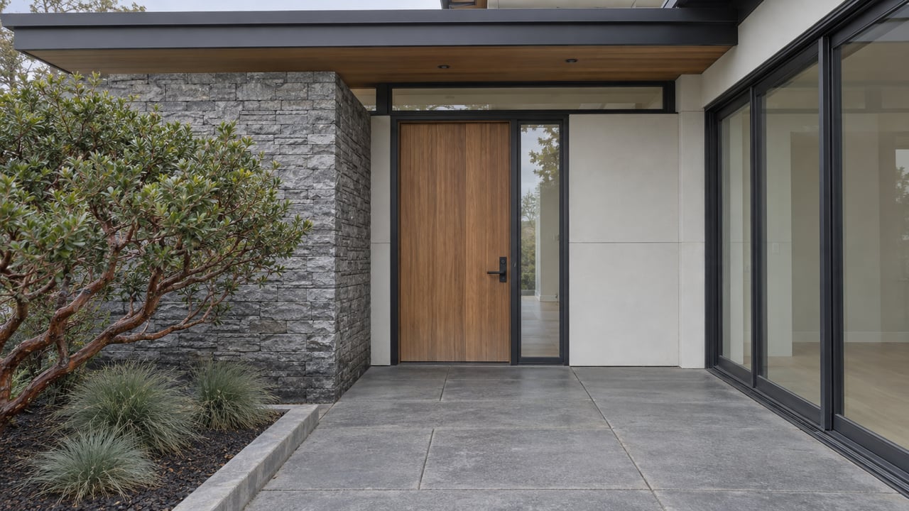Close view of a contemporary home's sheltered cedar entry, gray stone pier and dark-framed glass beside a sculptural manzanita planting.