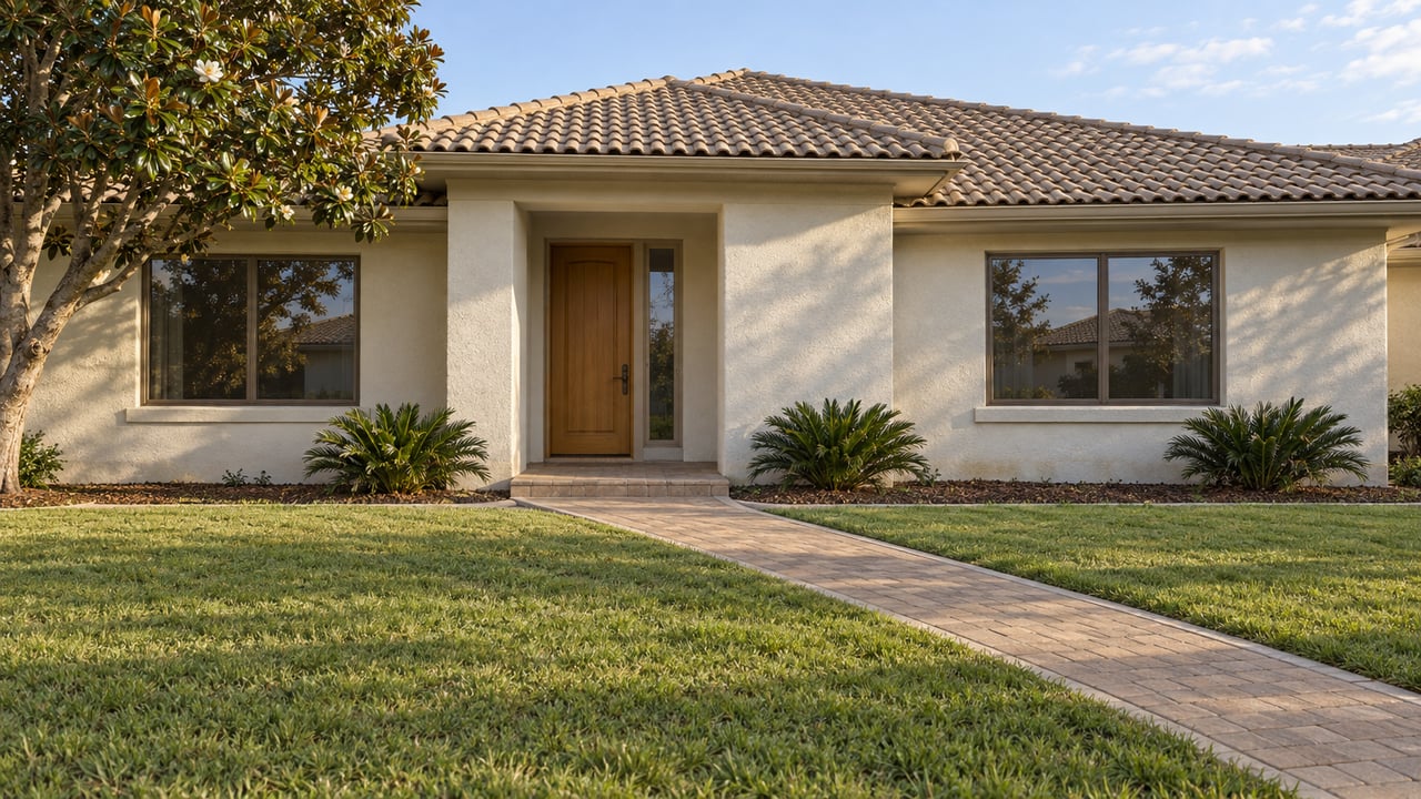 Pale stucco home with a sand-colored tile roof, recessed wood entry, broad lawn and curving paver approach in afternoon light.