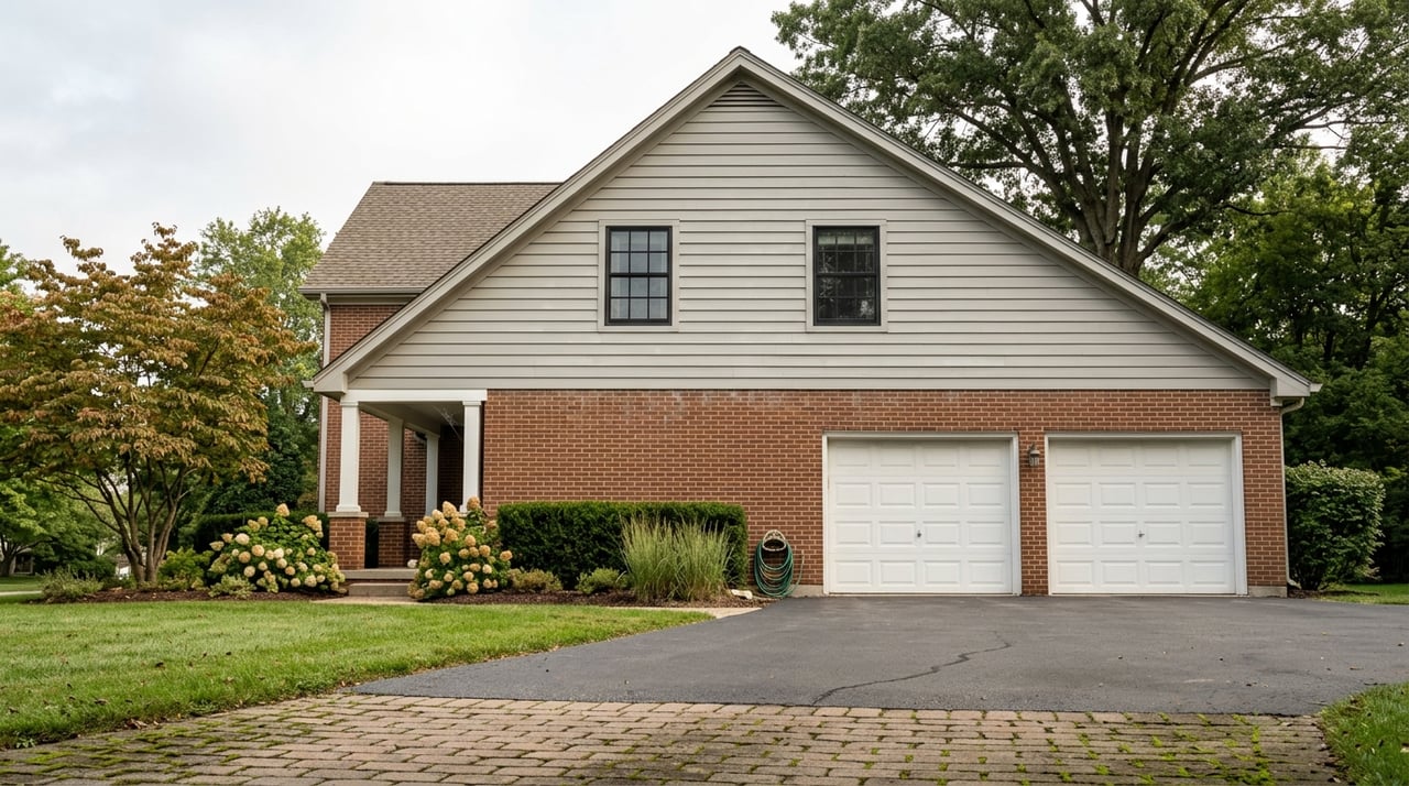 Two-story brick-and-gray home with side garage, paver driveway, front lawn, and mature trees.