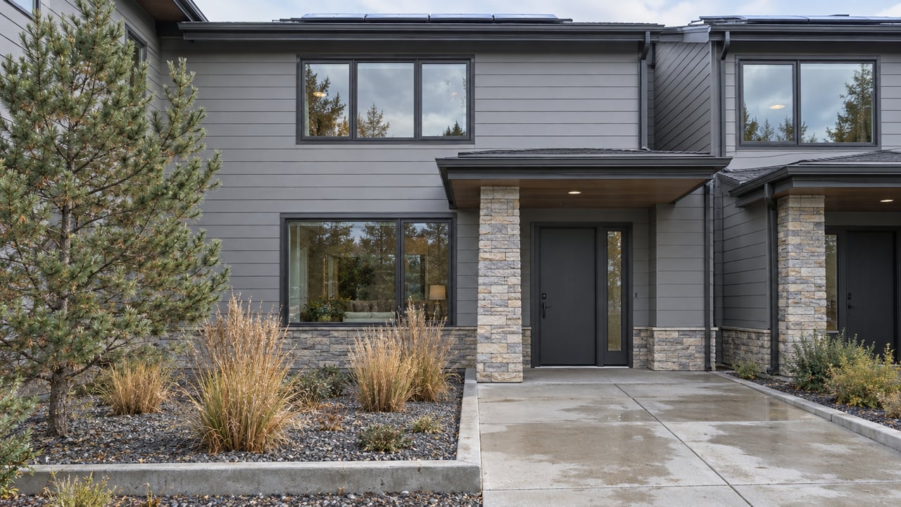 Gray-sided attached home with dark framed windows, a stone-clad covered entry and autumn grasses beside a damp concrete approach.
