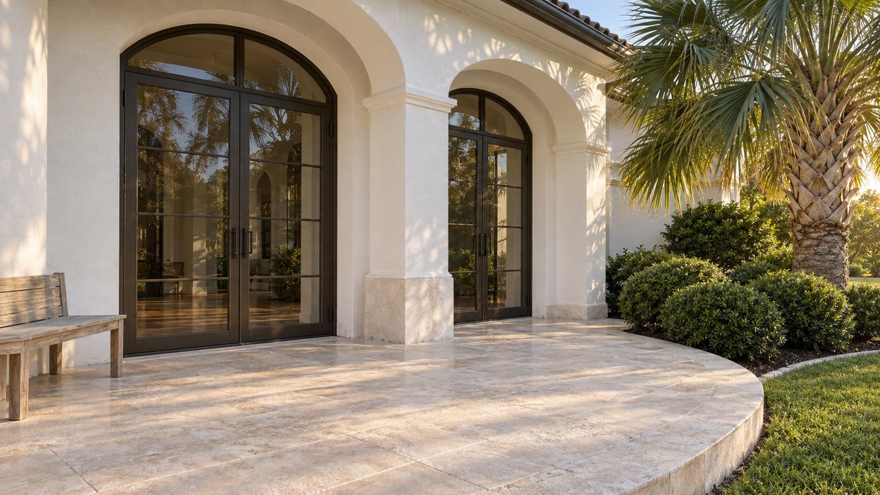 White stucco home with arched glazed French doors, pale stone terrace and a mature palm in warm evening light.