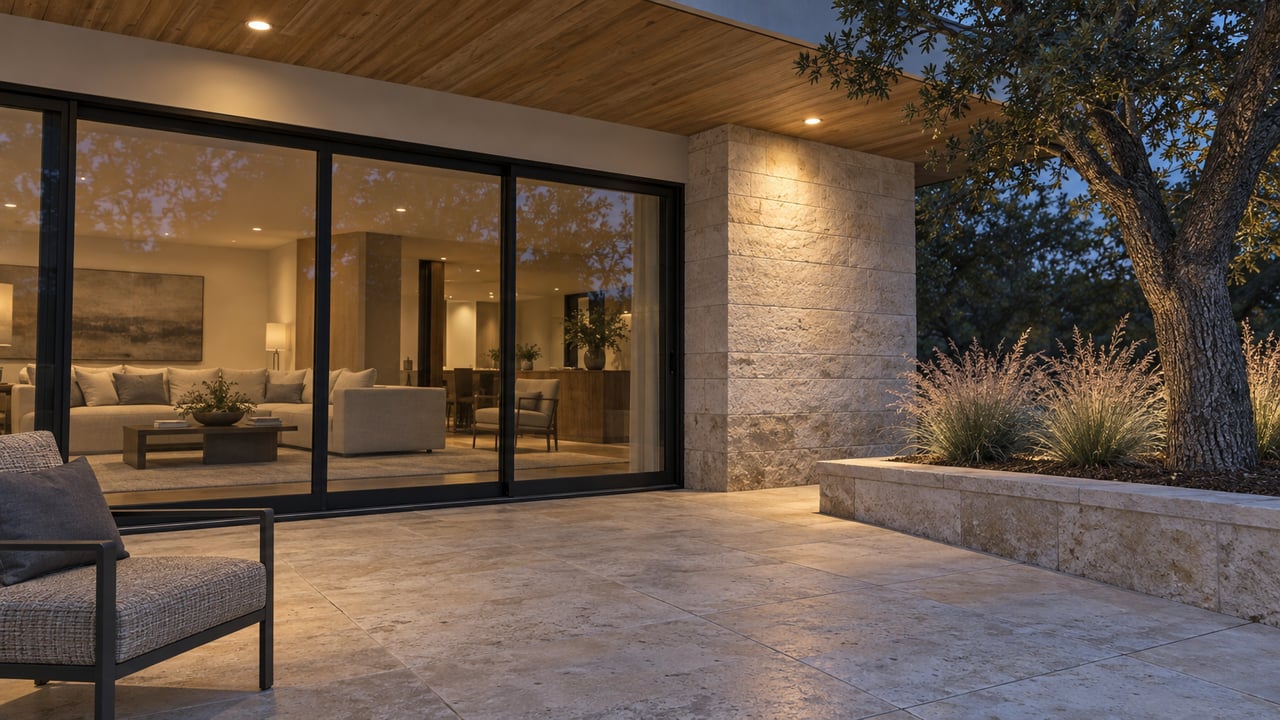 Blue-hour covered terrace with limestone paving, warm wood soffit, enclosed glass living room and a mature live oak in a raised stone planting bed.