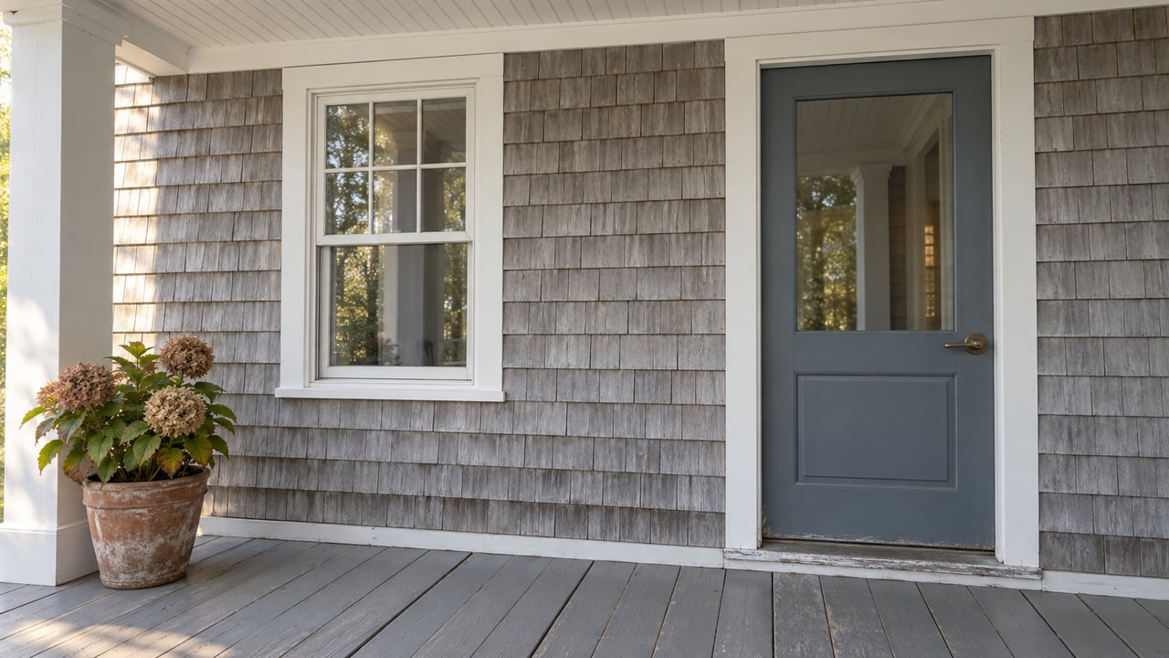 Weathered cedar facade and blue-gray glazed door on a covered porch, beside a potted hydrangea with dried autumn blooms.