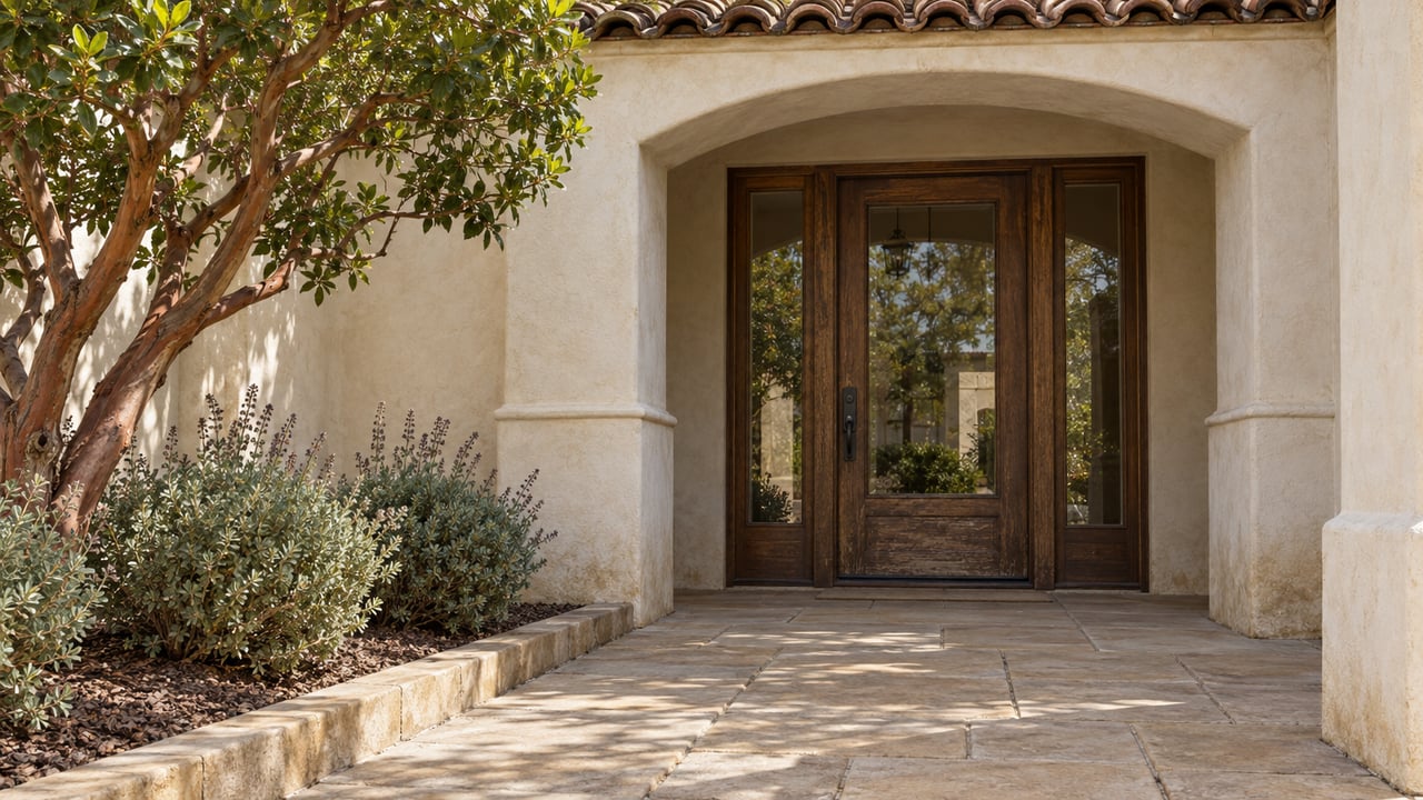 Sunlit ivory stucco entry with a weathered oak and glass door, sandstone landing, and a strawberry tree beside three Cleveland sage shrubs.