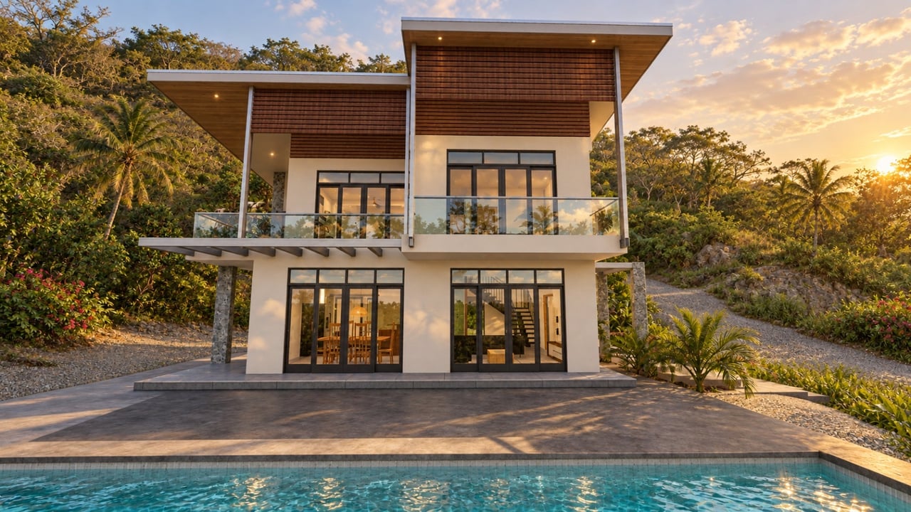 Modern two-story home with a glass balcony and pool, surrounded by tropical vegetation.