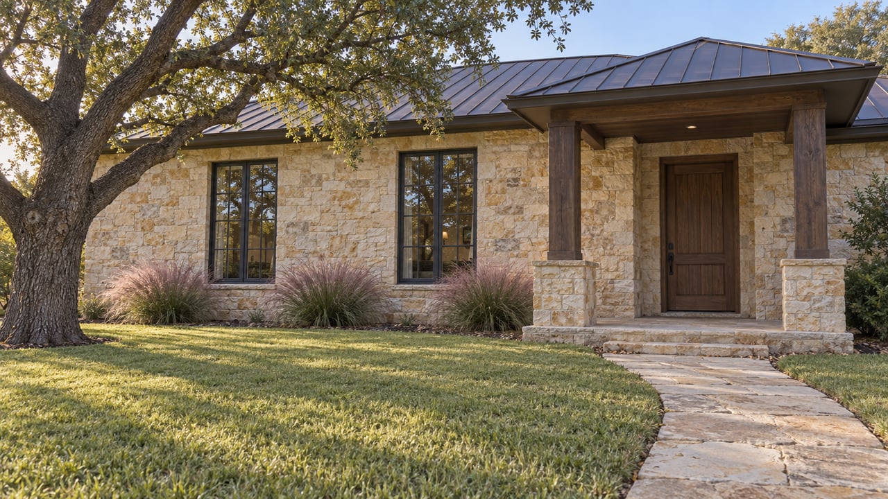 Single-story limestone home with a timber-post porch, multi-pane windows, and a slab path across the lawn.