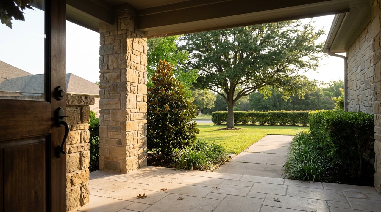 Stone portico opens onto a manicured lawn, with a mature oak centered beneath a broad canopy.