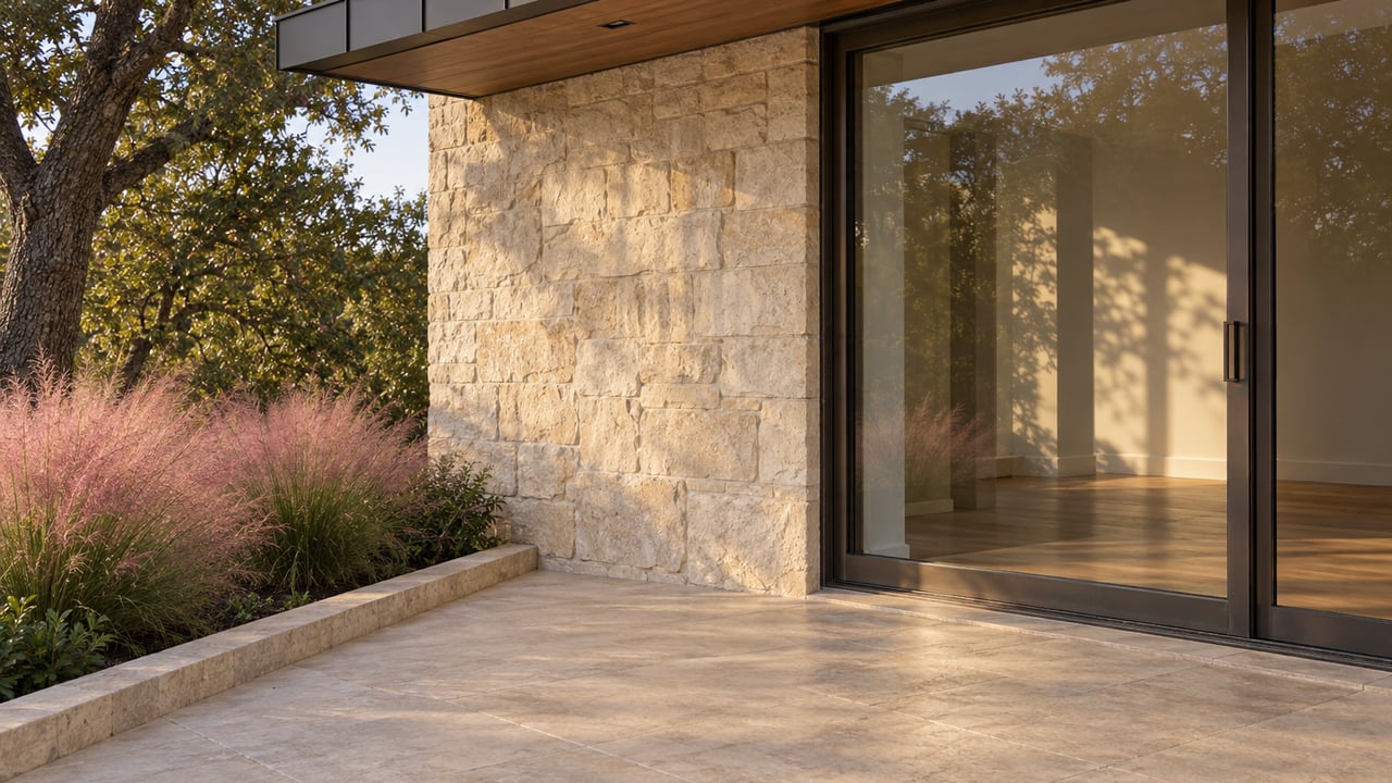Limestone terrace beside a bronze-framed glass door, with rose-colored grasses in a recessed planting bed.