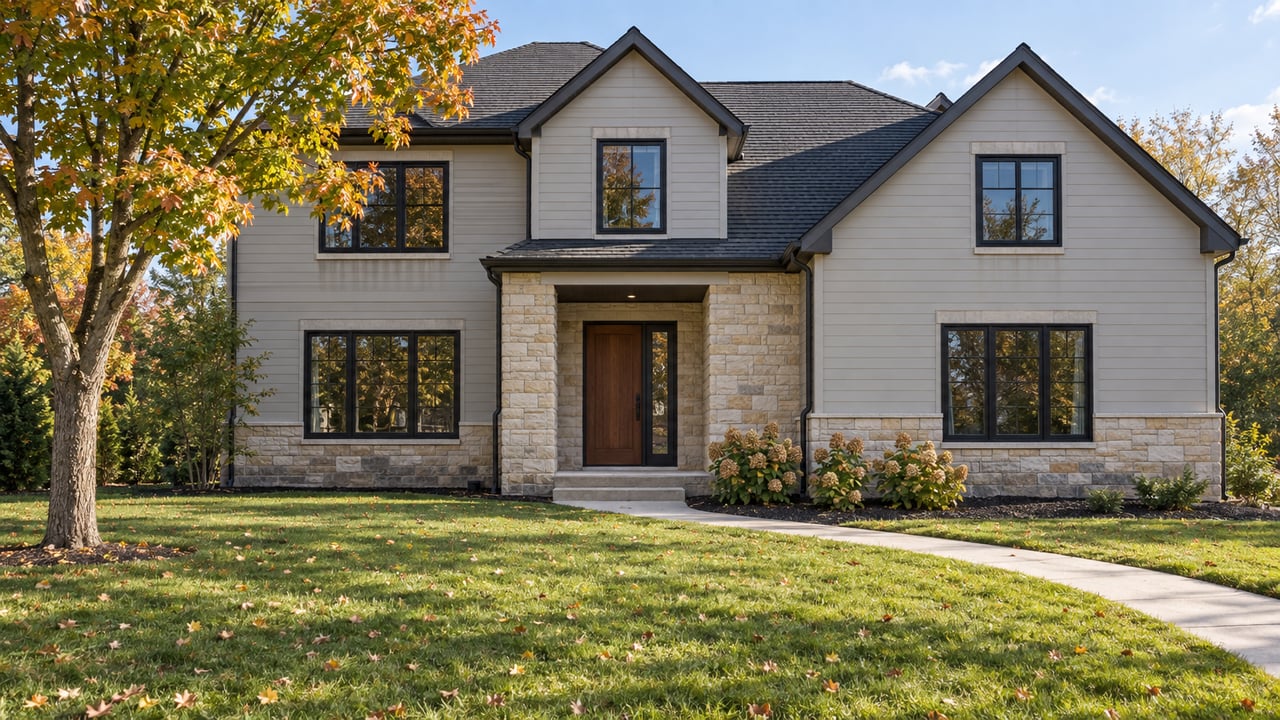 Two-story home with gray siding, a limestone entry, a deep green lawn and an amber-leaved maple in autumn afternoon light.