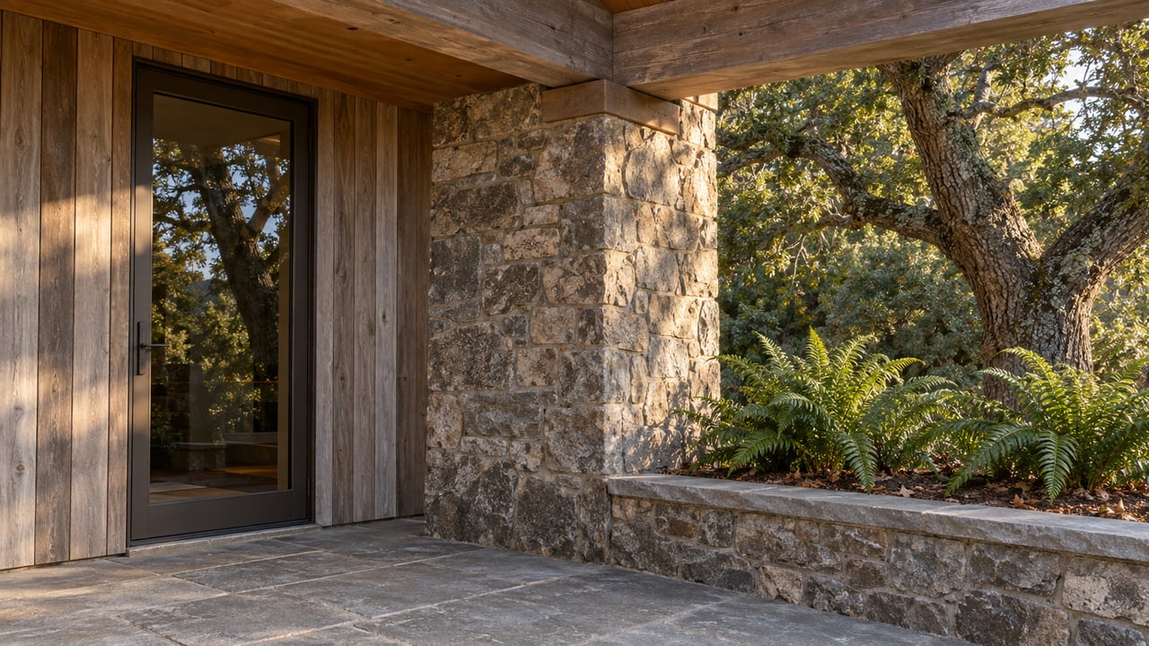 Weathered cedar and stone home entrance beside a mature oak, with bronze-framed glass and a stone terrace bordering a raised fern bed.