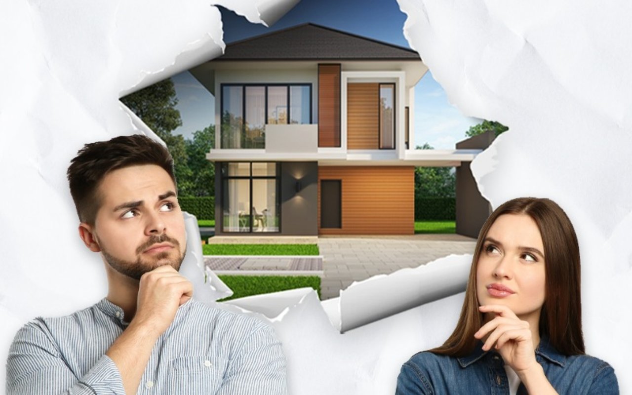 A man and woman consider a modern two-story house shown through a torn-paper opening.