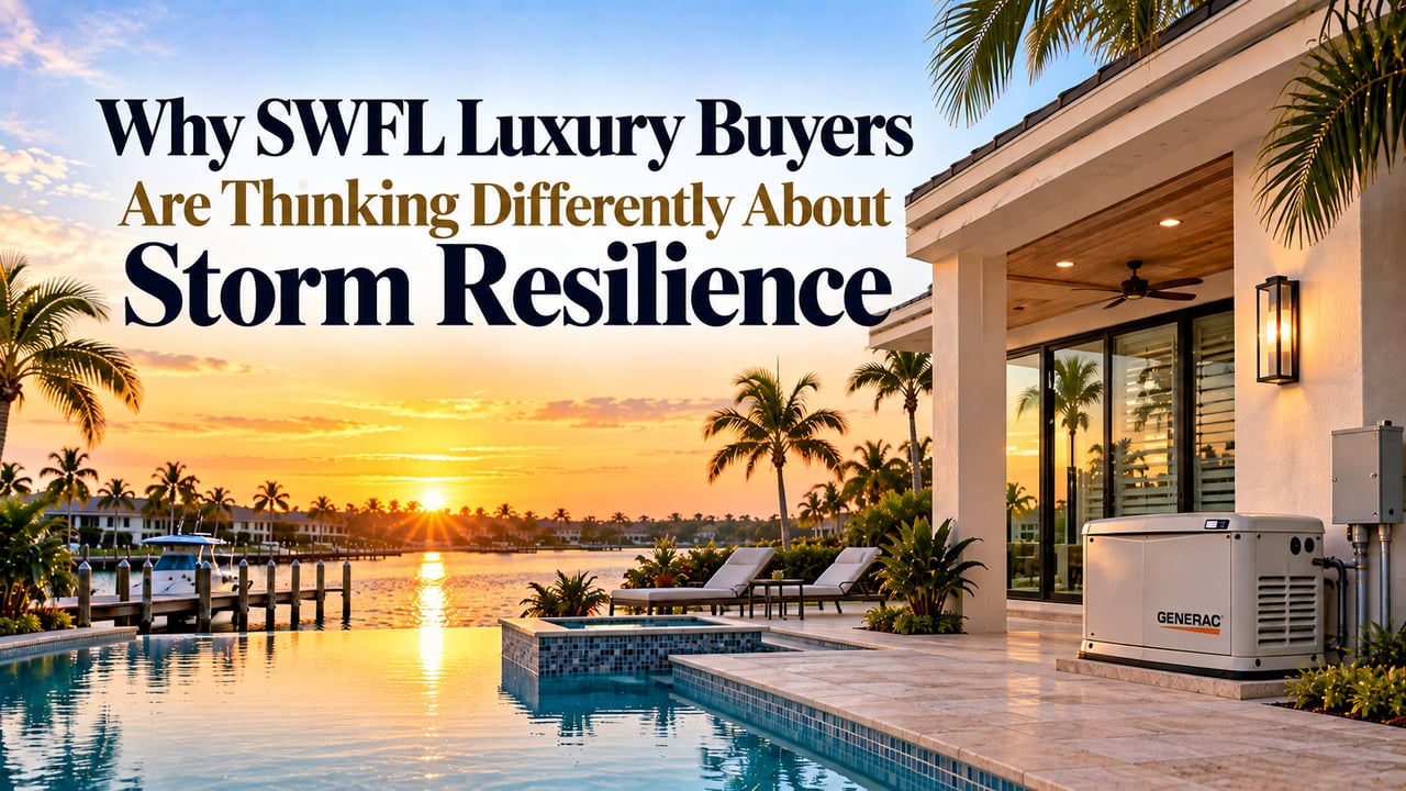 Luxury Southwest Florida waterfront home at sunset featuring a whole-home backup generator, impact-resistant windows, private pool, and boat dock, highlighting storm resilience and hurricane protection features valued by luxury home buyers in Naples and Fort Myers.