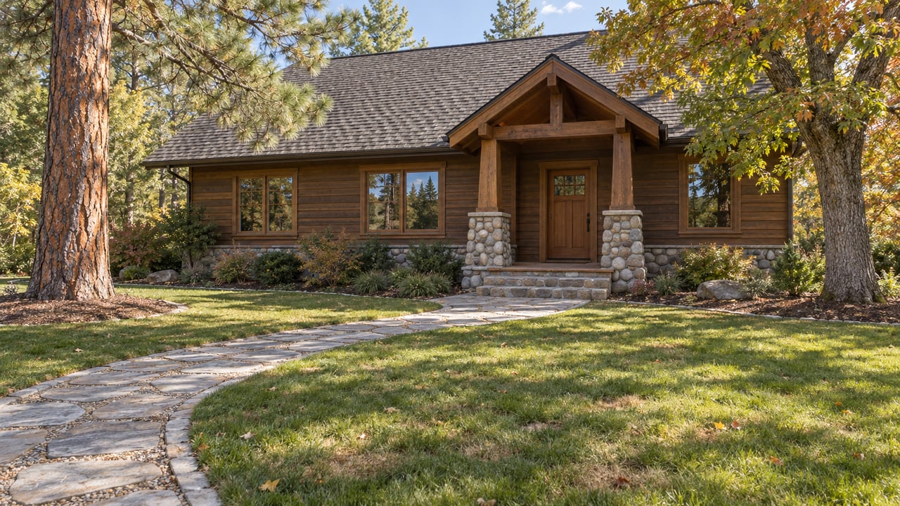 Timber-sided home with a steep gabled roof and stone porch beyond a broad autumn lawn, framed by a mature pine and oak.