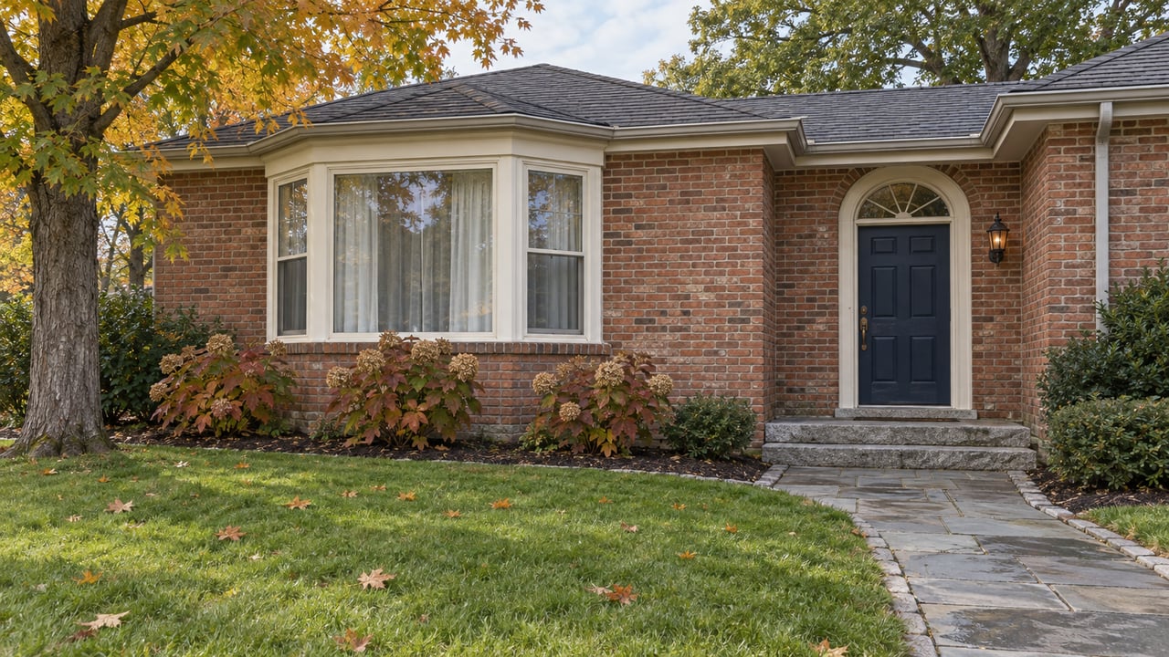 An updated single-story brick home with a navy front door, cream-framed bay window, bluestone walk and autumn trees across a broad front lawn.