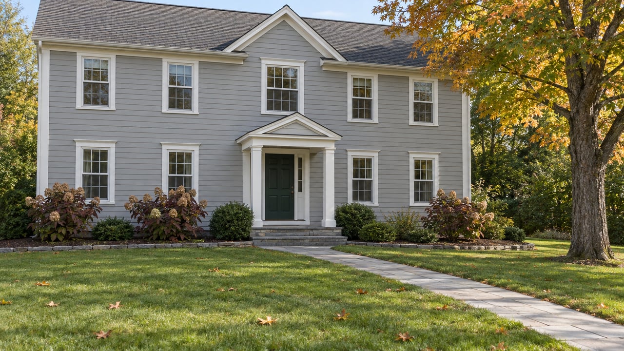 Soft-gray traditional two-story home with a covered entry, broad front lawn and an amber-leaved sugar maple in autumn daylight.