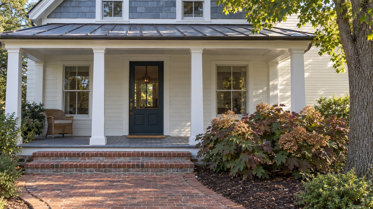 Morning light on a white clapboard home's covered porch, weathered brick steps and oakleaf hydrangeas.