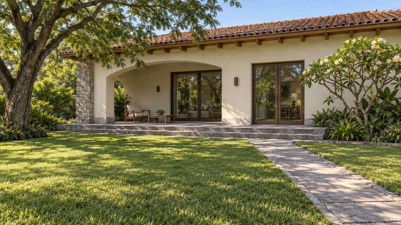 Cream stucco home with terracotta roof, timber eaves and an arched stone terrace overlooking a deep lawn and mature spreading tree.