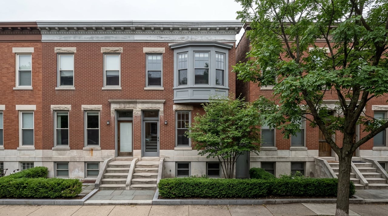 Three-story brick and limestone rowhouse with a projecting bay, sunken areaway, stone steps, and narrow garden.
