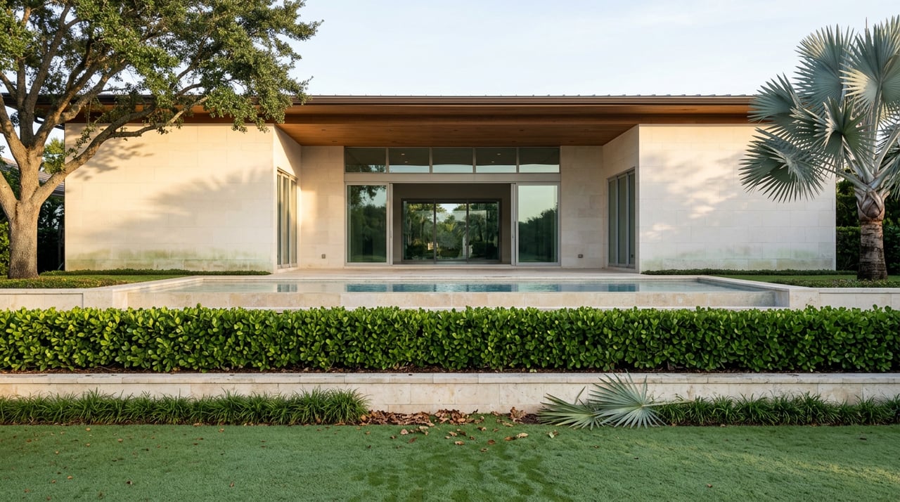 Limestone estate facade with an open wood-lined loggia and infinity pool, beyond a lawn bordered by a live oak and Bismarck palm.
