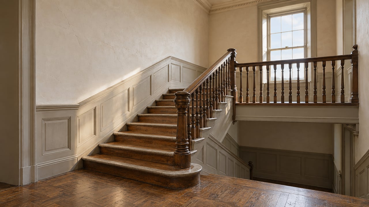 Oak staircase with turned balusters rises to a broad landing and tall sash window.