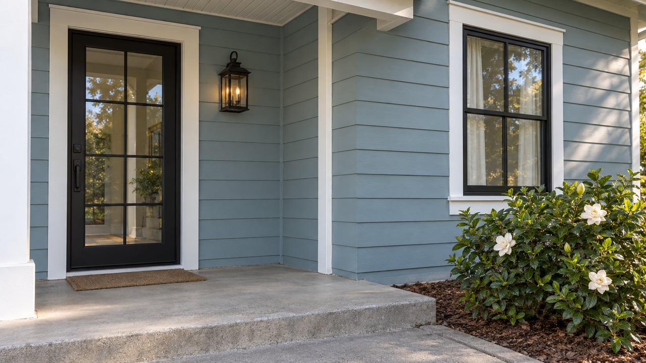 Covered residential entry with sea-glass-blue siding, a black glazed door, white trim and a gardenia beside a concrete step.