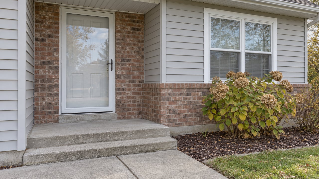 Close view of a modest home's enclosed entry, red-brown brick, pale grey siding, concrete steps and an autumn hydrangea.