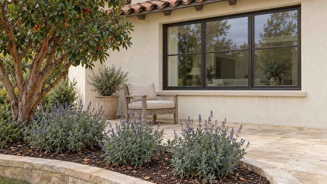 Cream stucco home with a clay tile eave, bronze divided-light window and limestone terrace beside silvered teak seating and a planted stone-edged bed.