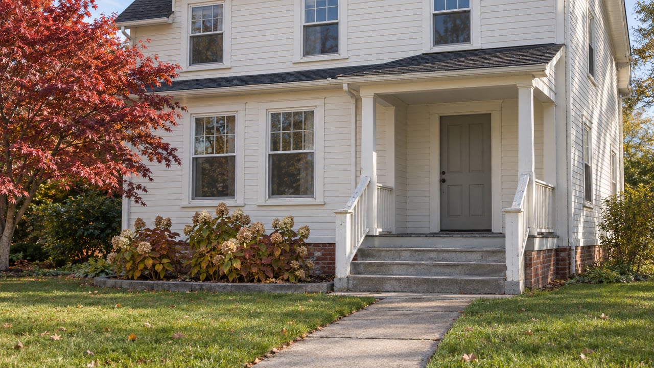 Older ivory clapboard house with a covered porch, brick foundation and autumn planting beside a front lawn.