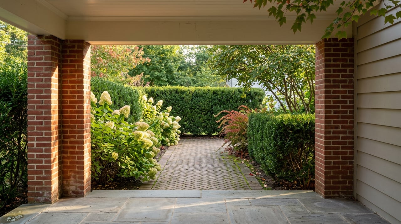 Brick portico frames a herringbone paver path bordered by ivory hydrangeas and a clipped hedge.