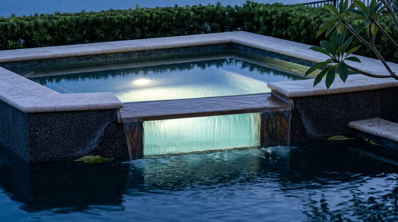 Warm light glows through a spa spillway into a dark, rippling pool, with travertine coping and plumeria leaves.