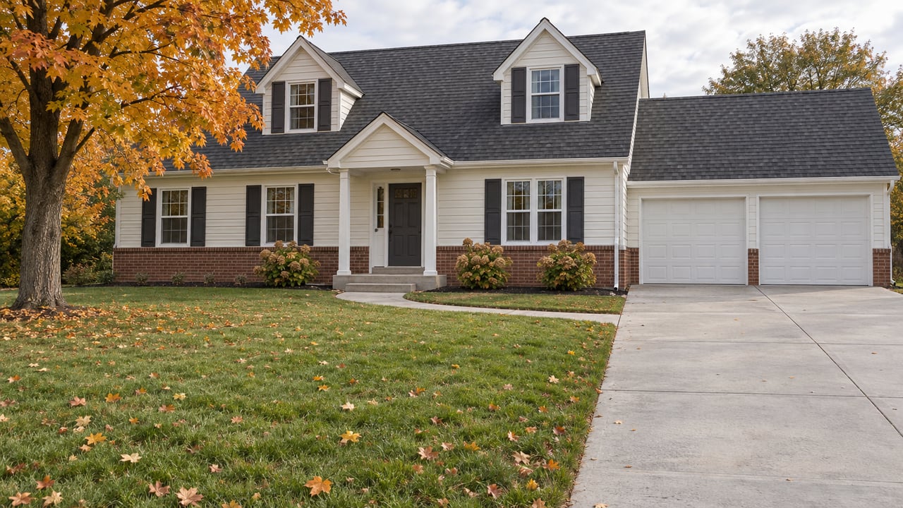 Cream-sided gabled home with a deep autumn lawn, orange sugar maple, centered entry portico and attached two-car garage.