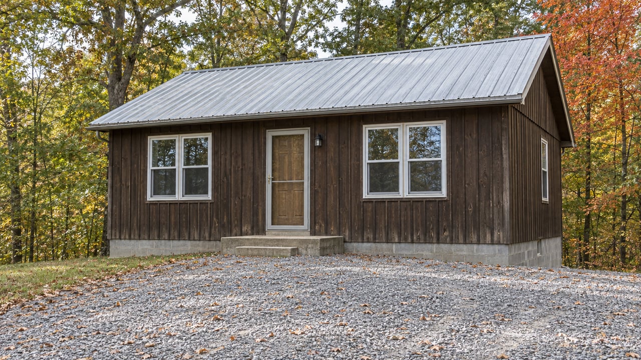 Dark wood-sided cottage with a galvanized gable roof, paired white windows and a gravel approach beneath autumn trees.