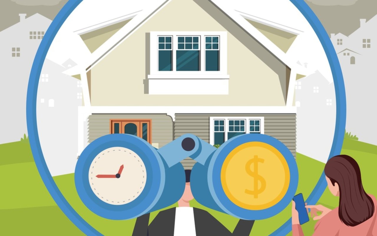 House viewed through binoculars beside a clock and dollar coin.