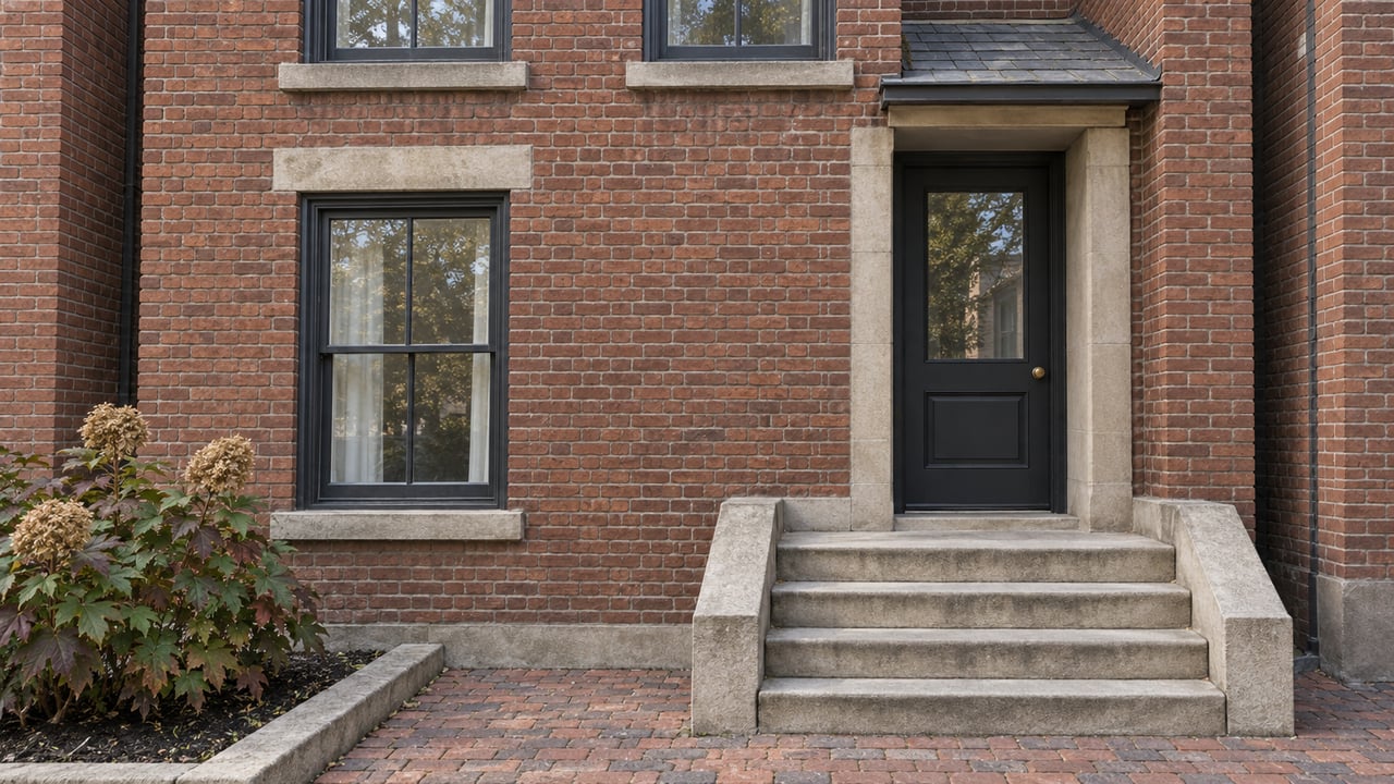 Russet brick townhouse facade with aligned sash windows, a recessed dark door, worn limestone steps and an oakleaf hydrangea.