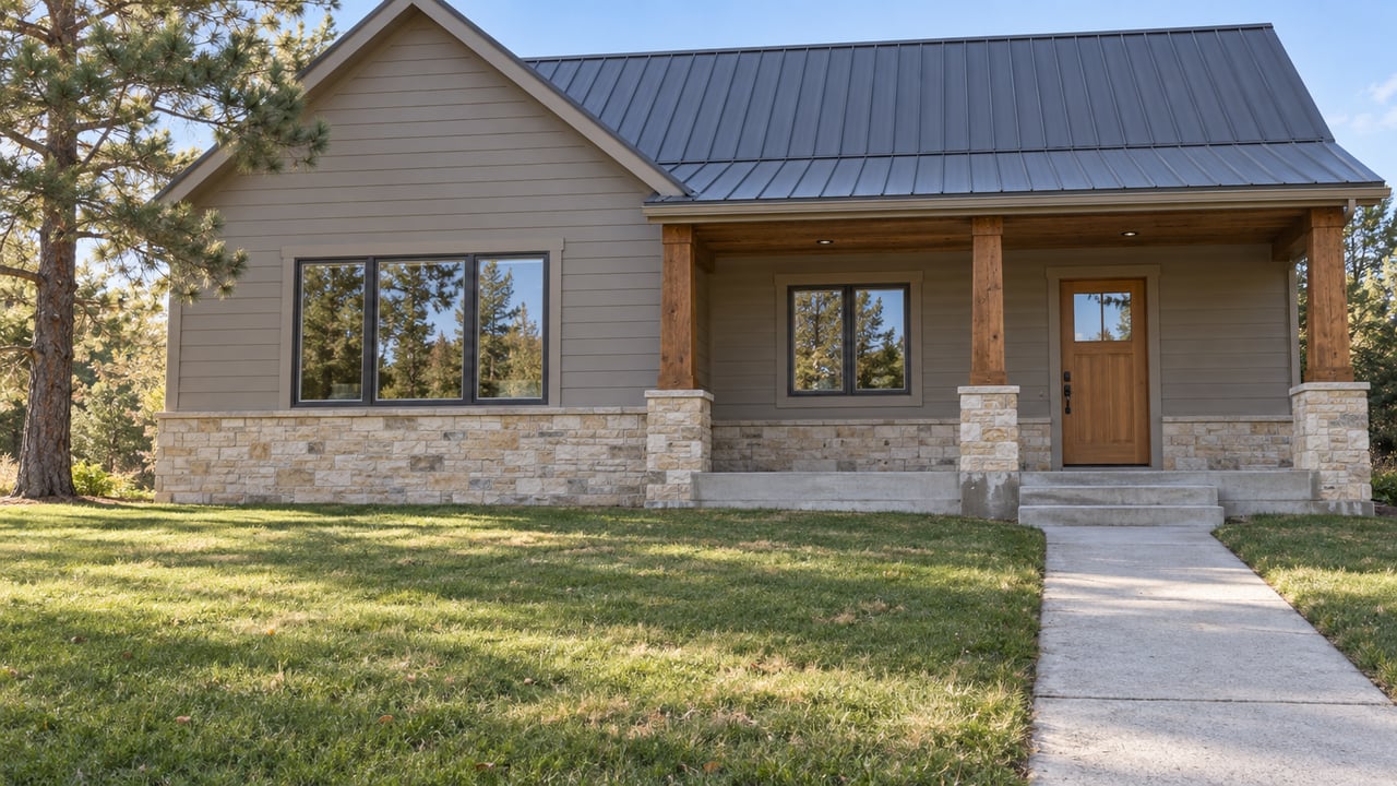 Taupe single-family home with a steep metal roof, timber porch posts, limestone foundation and a deep lawn beneath a mature pine.