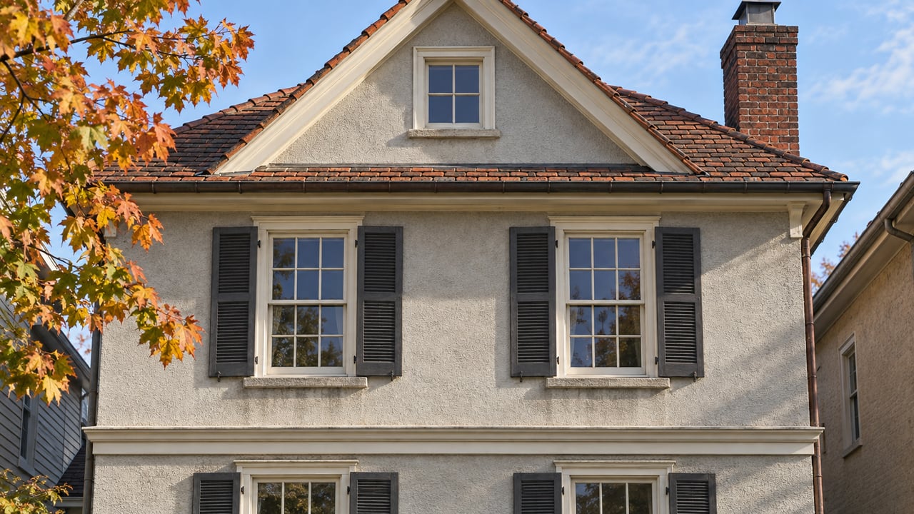 Autumn leaves beside a pale stucco house with cream sash windows, dark shutters, a weathered clay-tile gable and brick chimney.